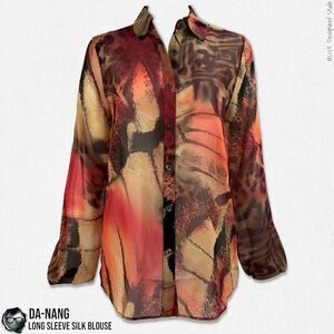 DA-NANG BOHEME SILK BUTTON DOWN LONG SLEEVE BLOUSE IN VINTAGE SUNSET ABSTRACT